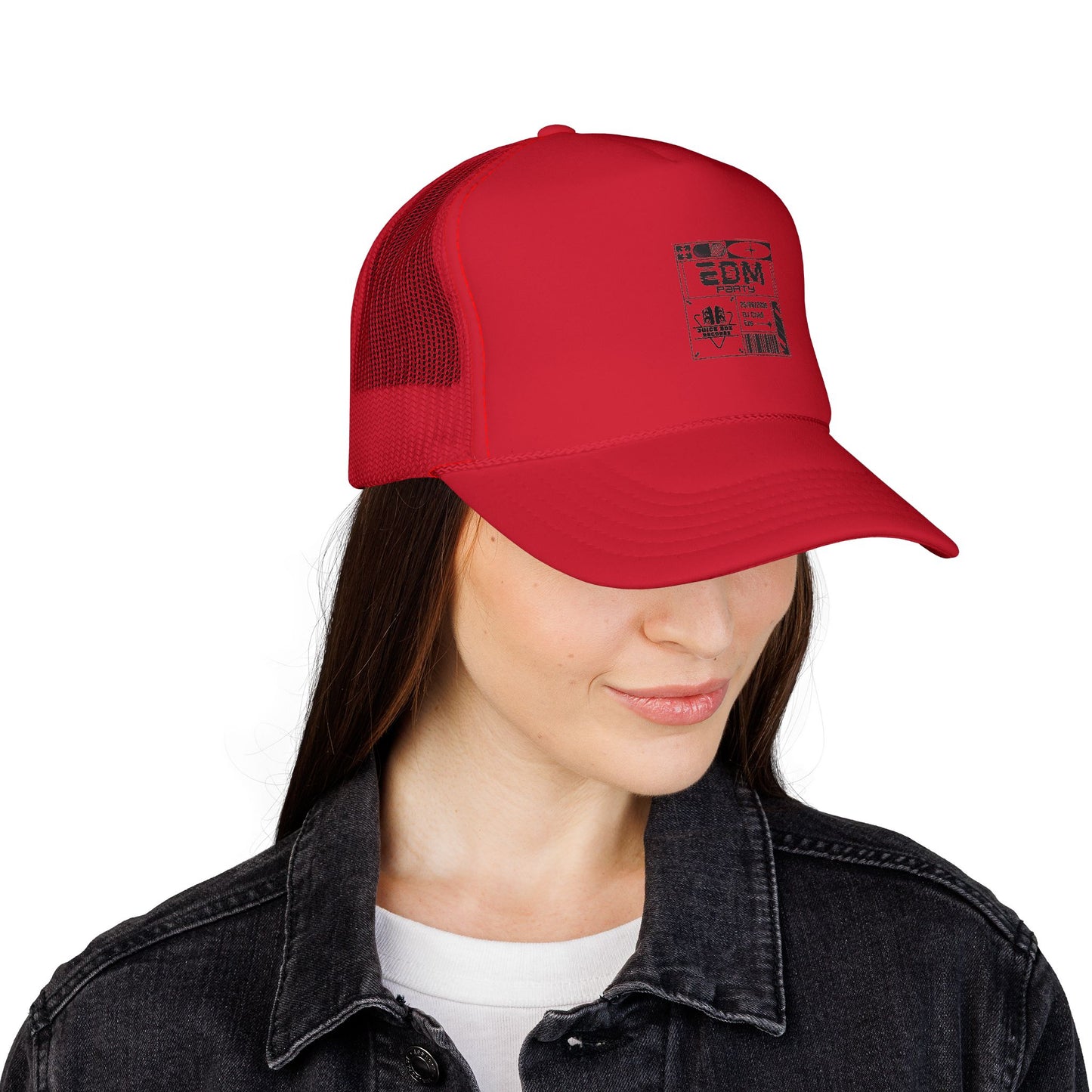 Red Trucker Hat with Retro Comic Patch Design